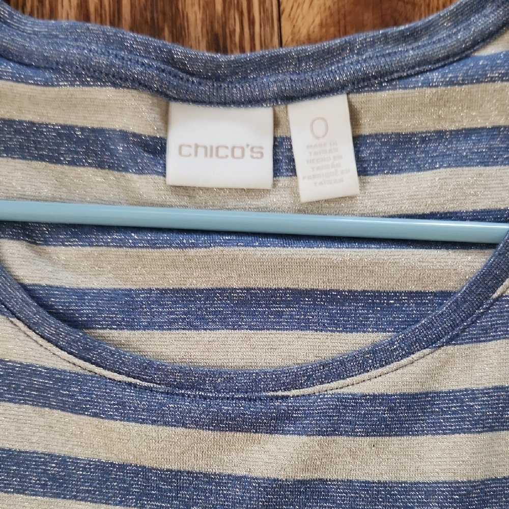 Chico's Fitted Blue and Cream Short Sleeve Tee - Picture 2 of 5